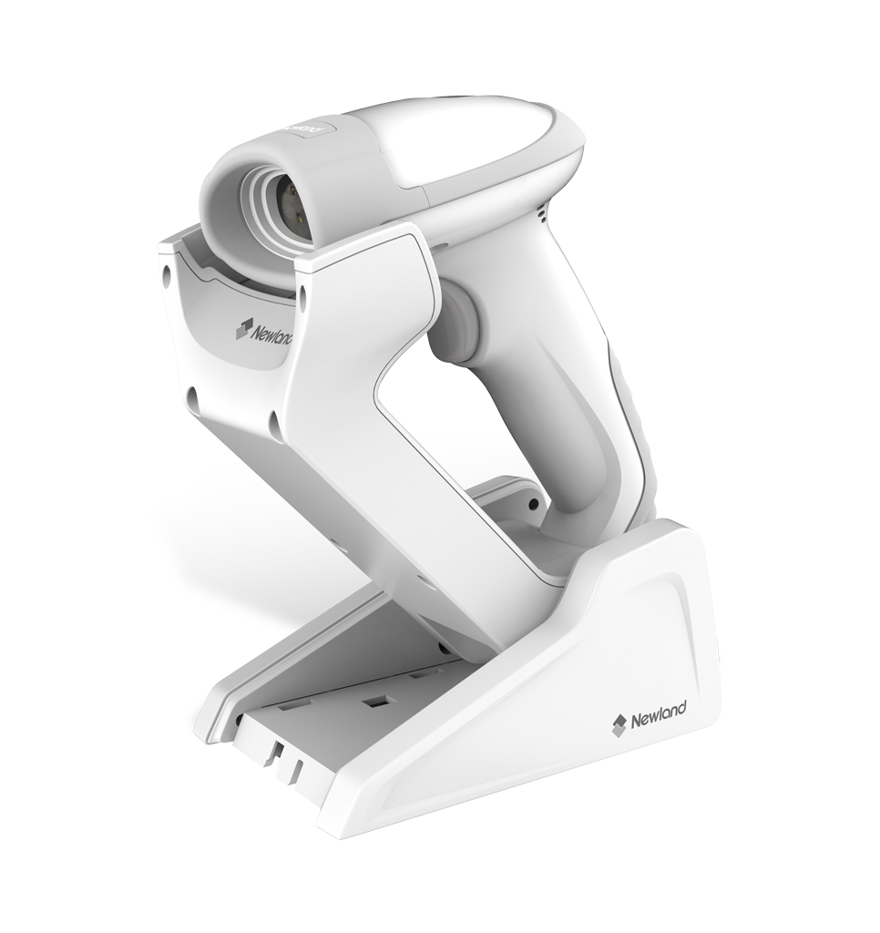 Perspective view HR32 Marlin Bluetooth HC handheld scanner in stand