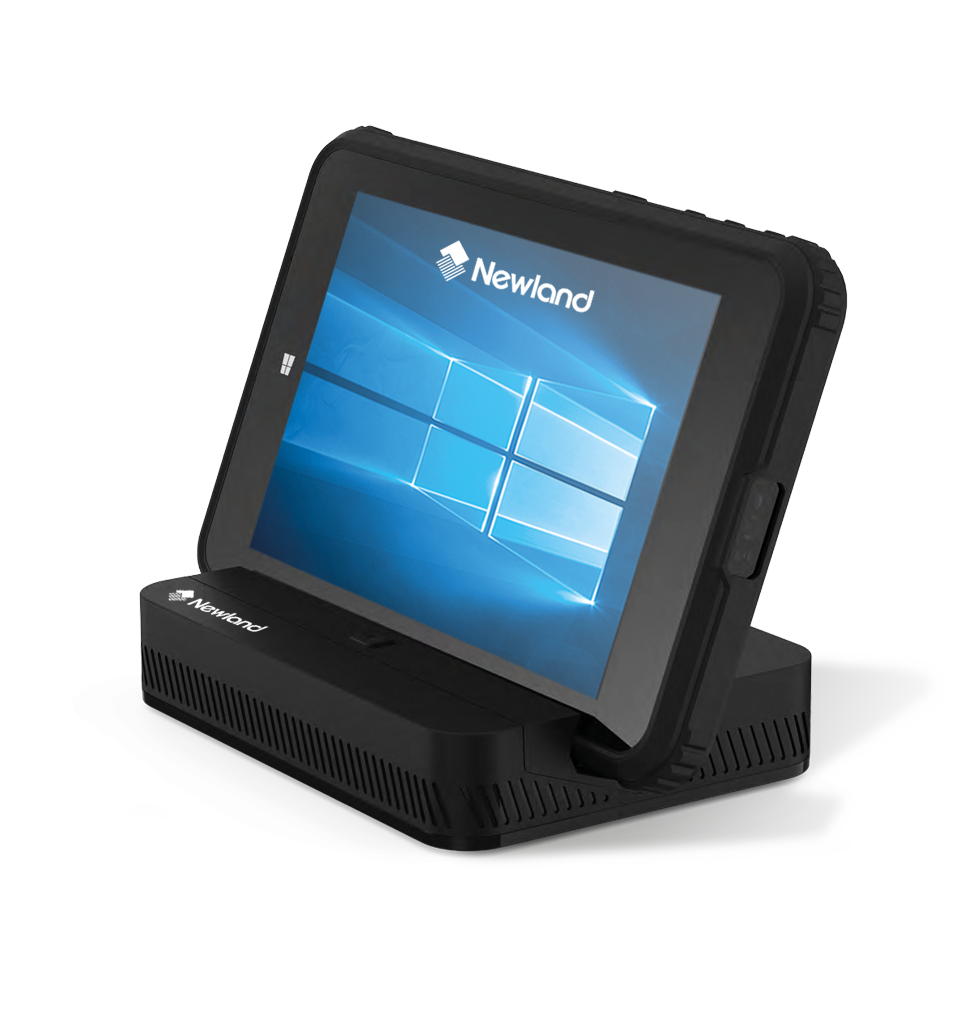 Perspective view NQuire 800 Plus touch panel computer in stand