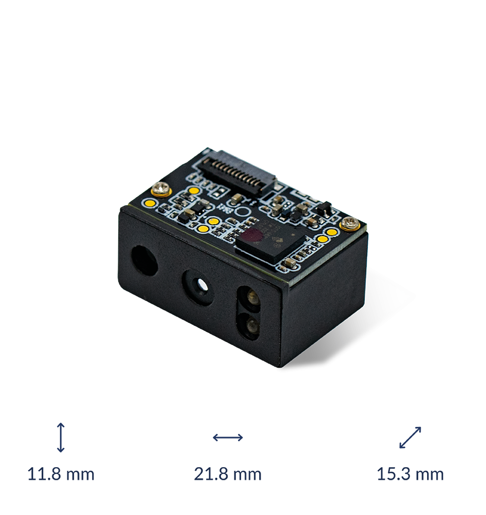 Perspective back view EM3296V4 scan engine with dimensions