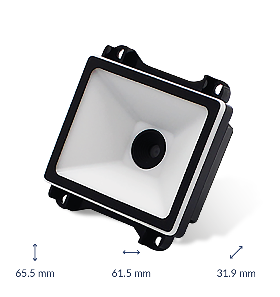 Perspective view EM20-80 V2 scan engine with dimensions