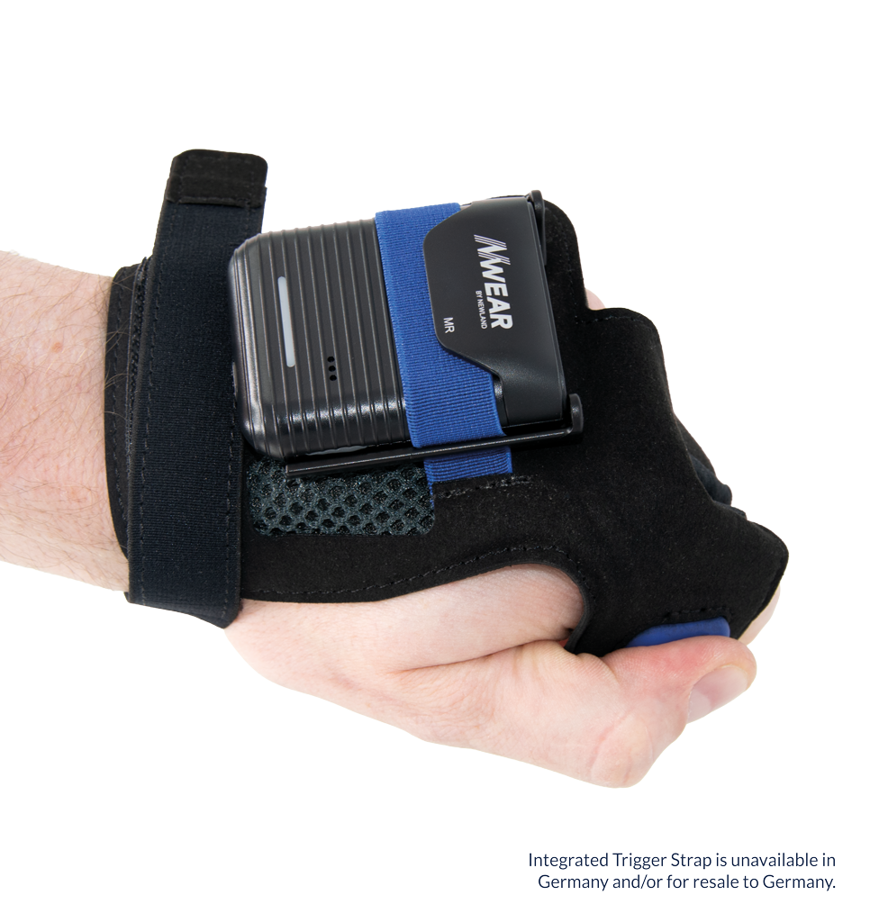 Perspective view Integrated Trigger Strap Nwear Accessory worn on the hand with WD2 Wearable Scanner. Integrated Trigger Strap is not available in Germany and/or for resale to Germany.