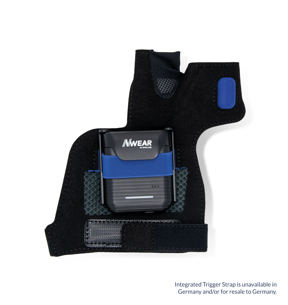 Perspective view Integrated Trigger Strap Nwear Accessory with WD2 Wearable Scanner. Integrated Trigger Strap is not available in Germany and/or for resale to Germany.
