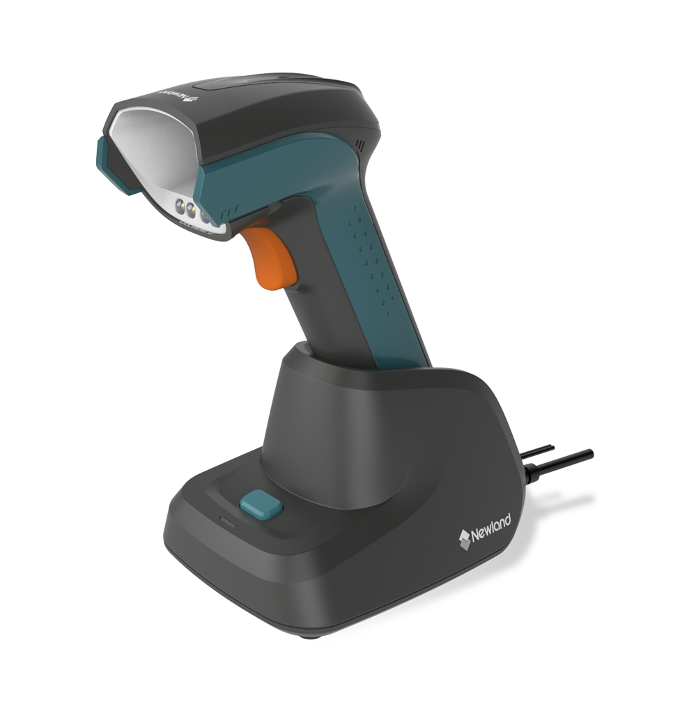 Perspective view NVH220 Lophius AI Bluetooth industrial handheld scanner in docking station