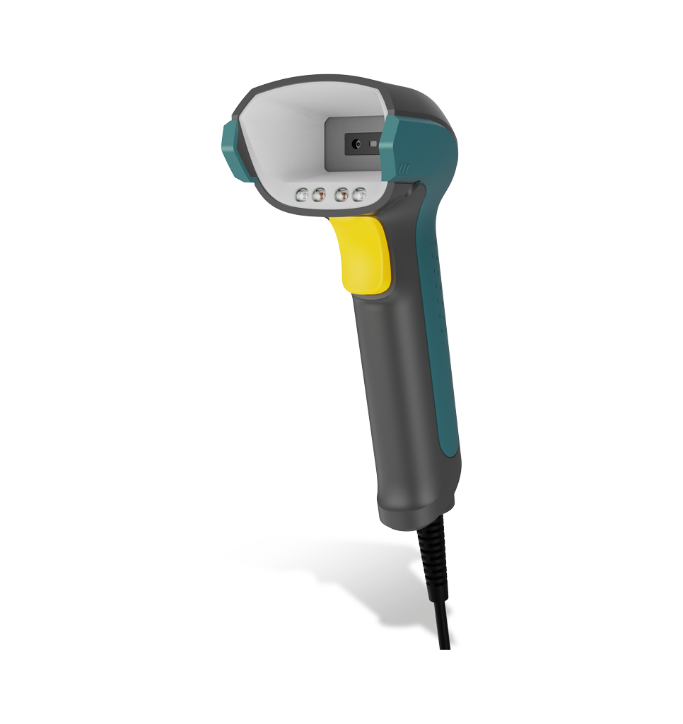 Perspective front view NVH220 Lophius AI Corded industrial handheld scanner