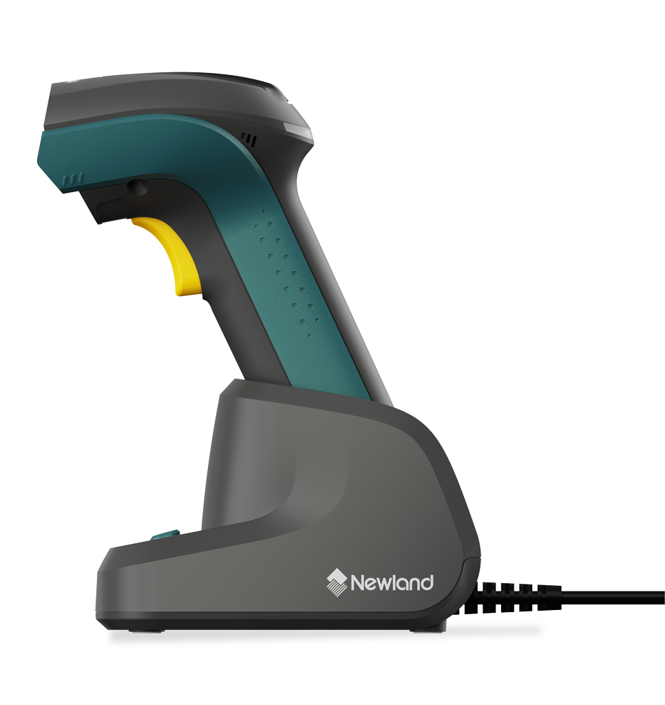 Side view NVH220 Lophius AI Bluetooth industrial handheld scanner in docking station