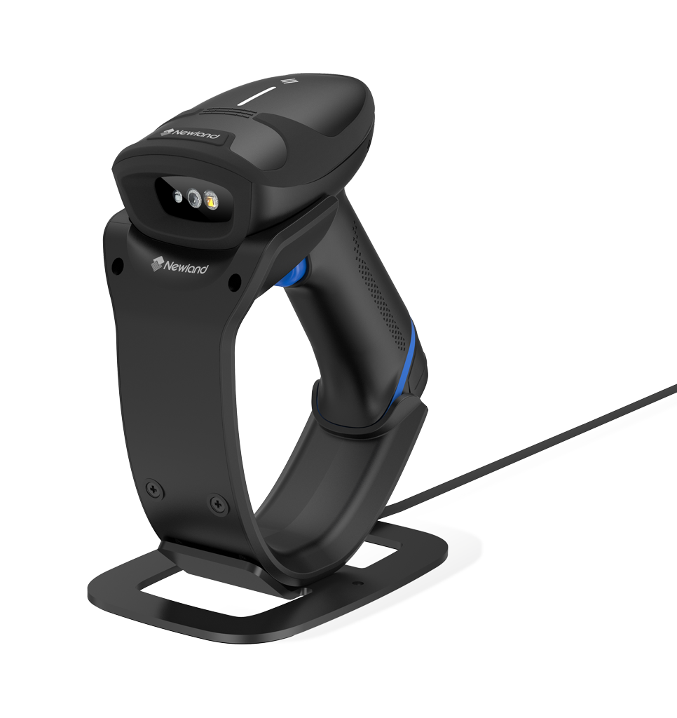 Perspective view HR55 Salmon BT General Purpose Handheld Scanner in Stand/Docking station