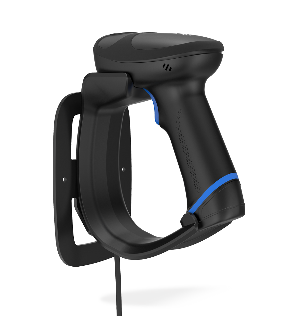 Side view HR33 Marlin AI Bluetooth General Purpose Handheld Scanner in stand/docking station attached to wall