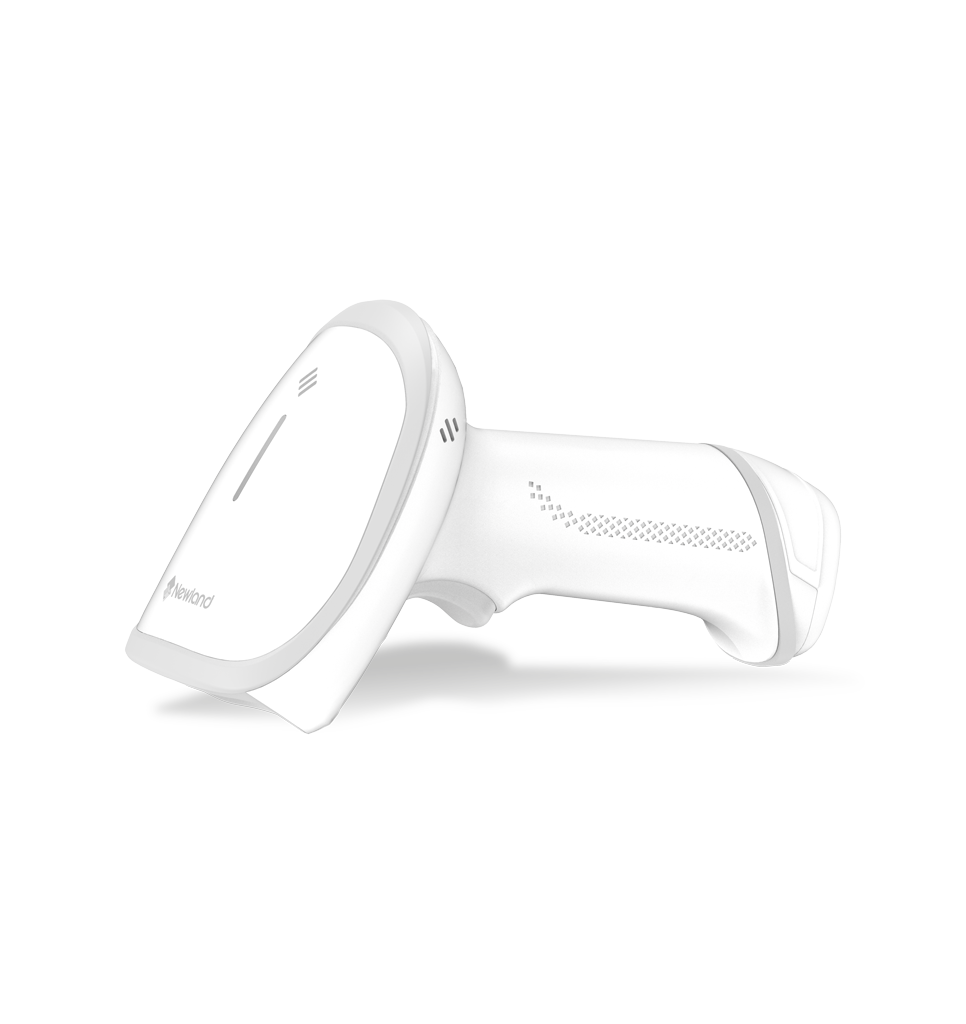 Side laying view HR23 Dorada AI BT White General Purpose Handheld Scanner