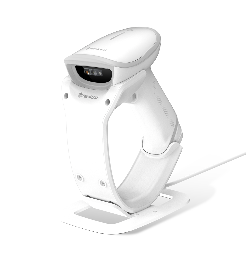 Perspective view HR23 Dorada AI BT White General Purpose Handheld Scanner in stand/docking station