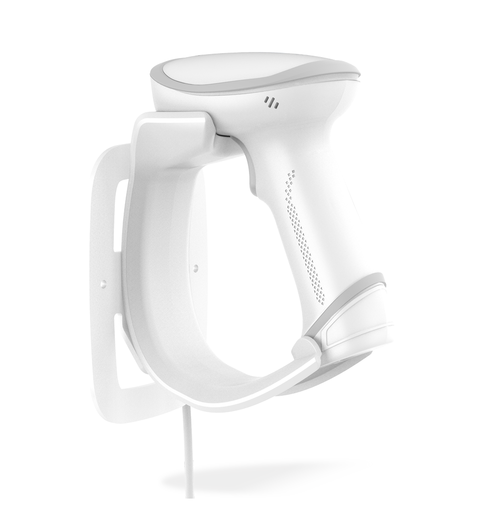 Side view HR23 Dorada AI BT White General Purpose Handheld Scanner in stand/docking station attached to wall
