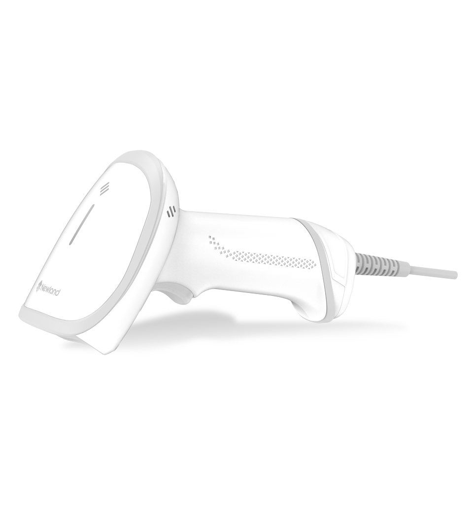 Side laying view HR23 Dorada AI Corded White General Purpose Handheld Scanner