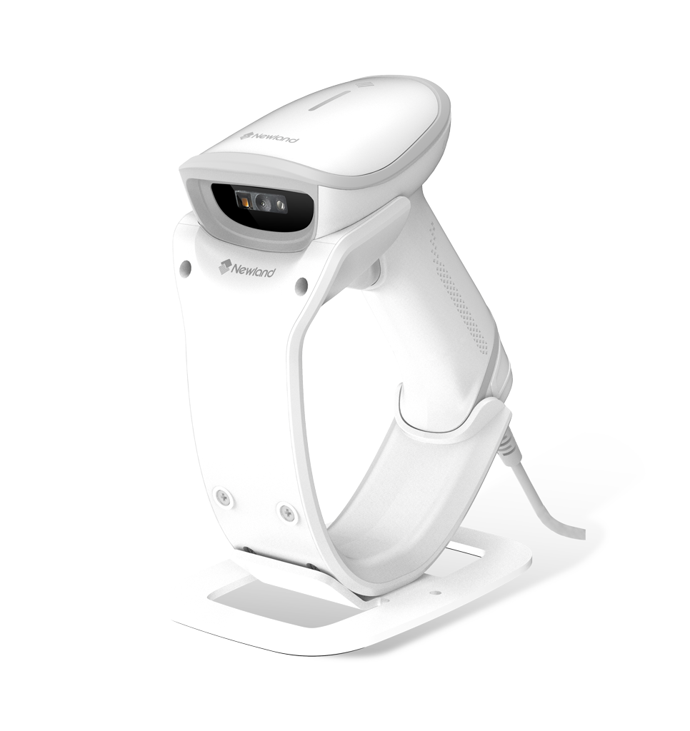 Perspective view HR23 Dorada AI Corded White General Purpose Handheld Scanner in stand/docking station
