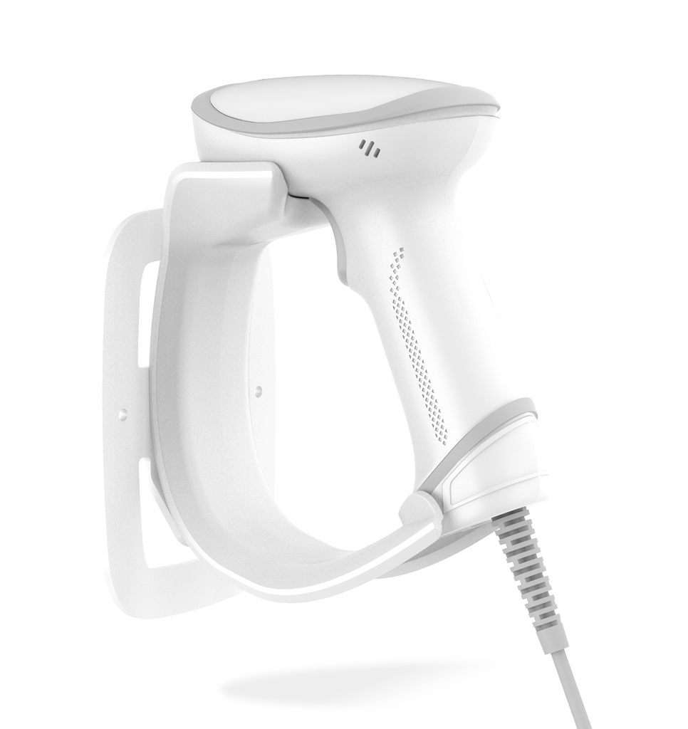 Side view HR23 Dorada AI Corded White General Purpose Handheld Scanner in stand/docking station attached to a wall
