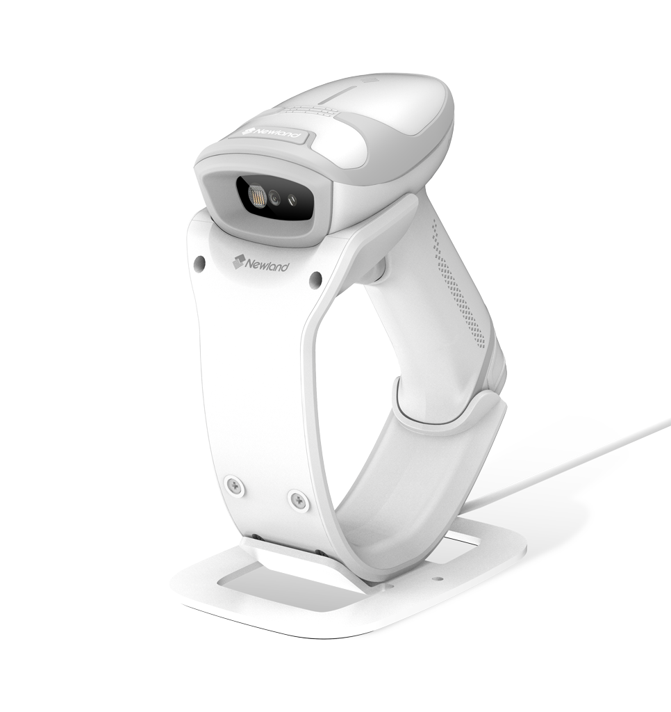 Perspective view HR33 Marlin AI BT White General Purpose Handheld Scanners in stand/docking station