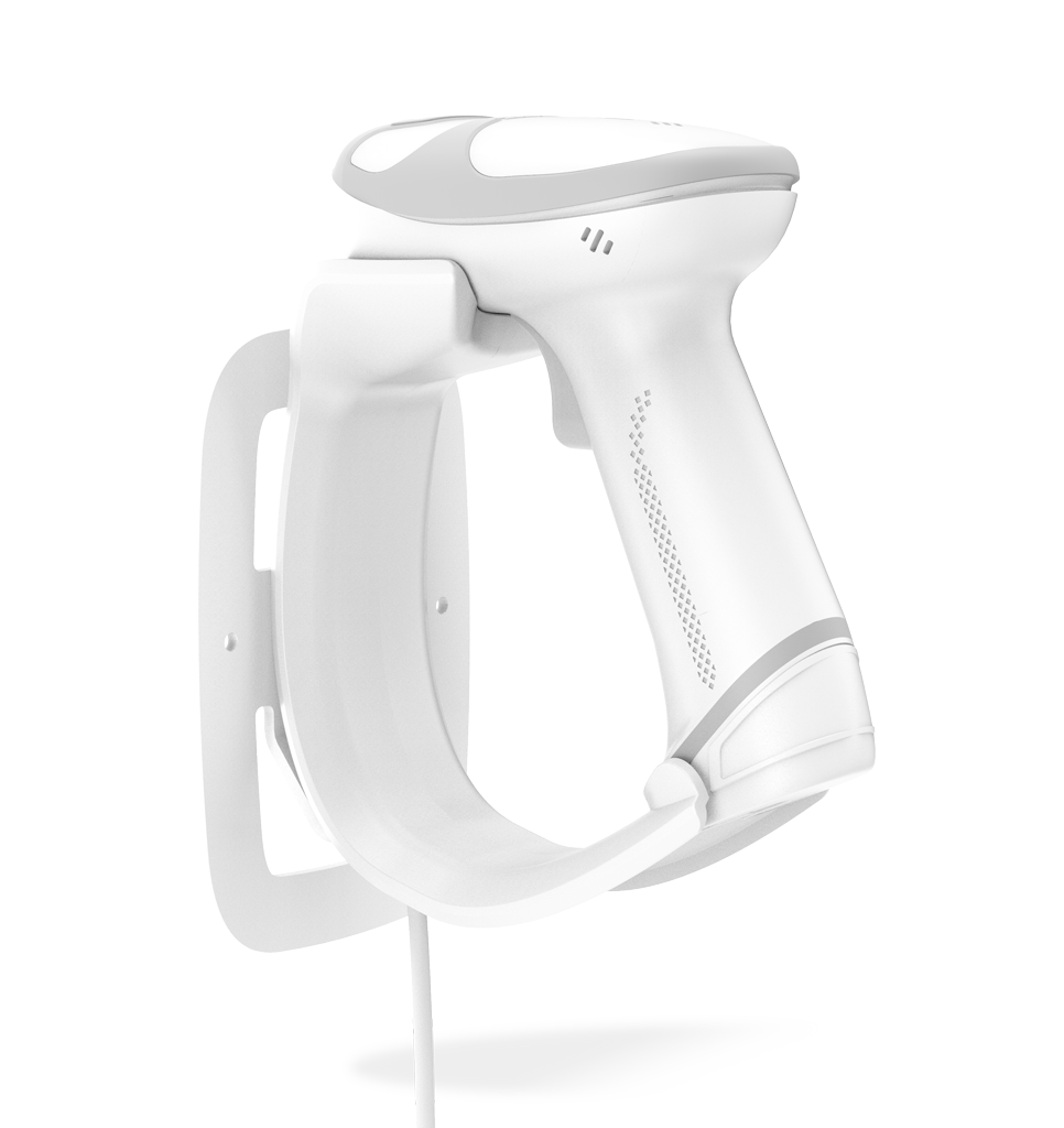 Side view HR33 Marlin AI BT White General Purpose Handheld Scanners in stand/docking station attached to a wall