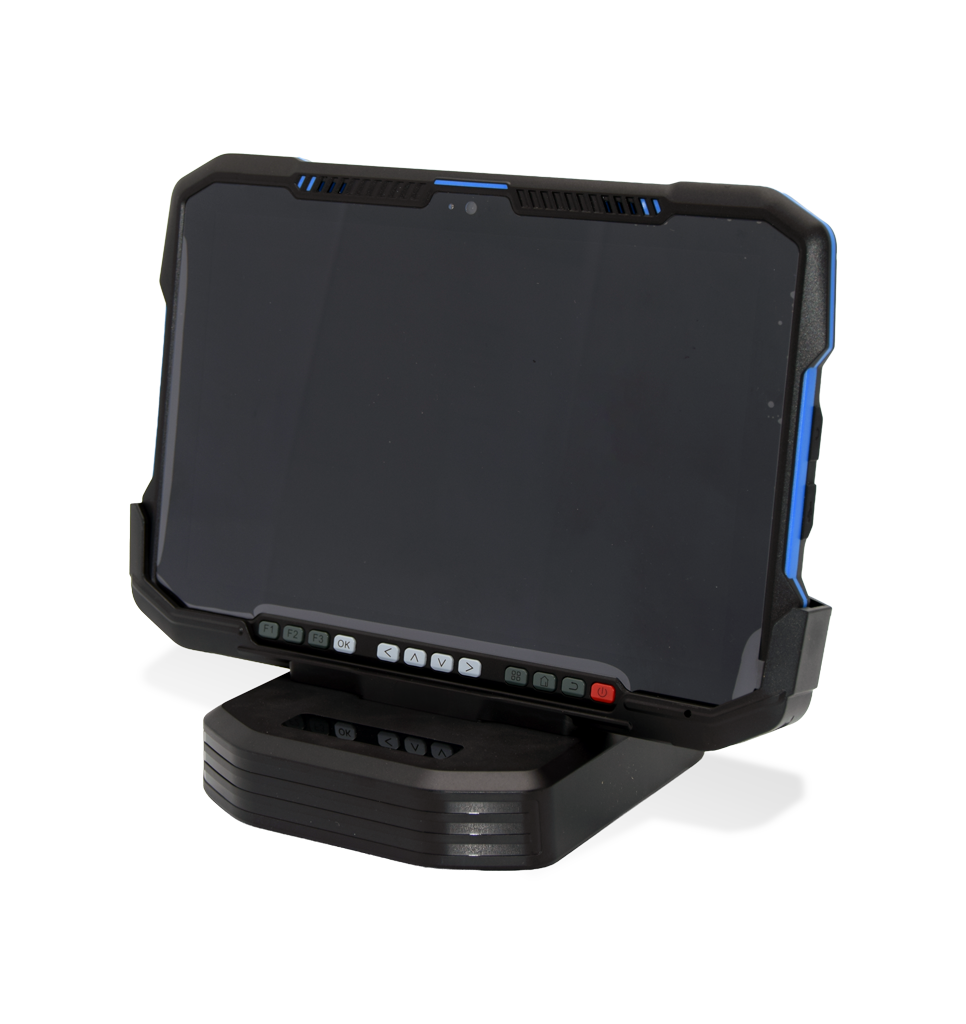 Perspective view SD-DC100P Desktop Cradle with NQuire 10 Trygon Tablet