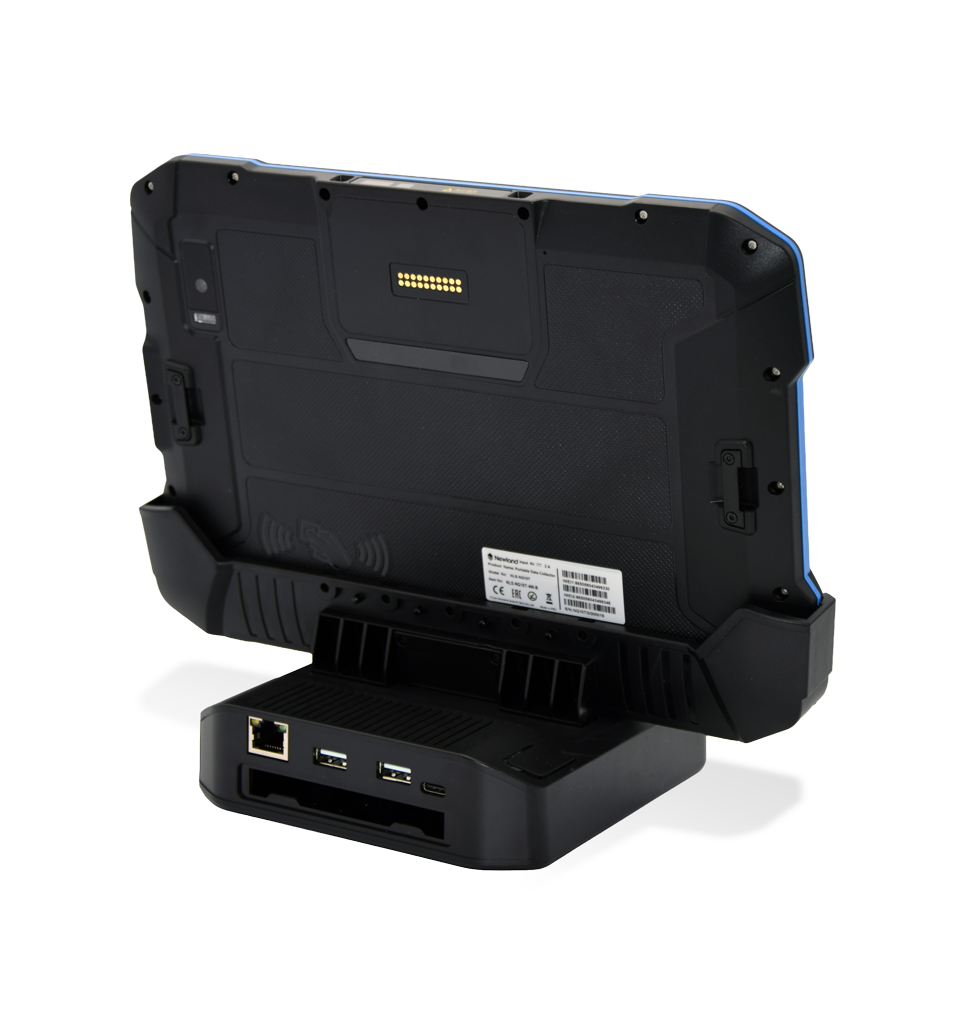 Perspective back view SD-DC100P Desktop Cradle with NQuire 10 Trygon Tablet