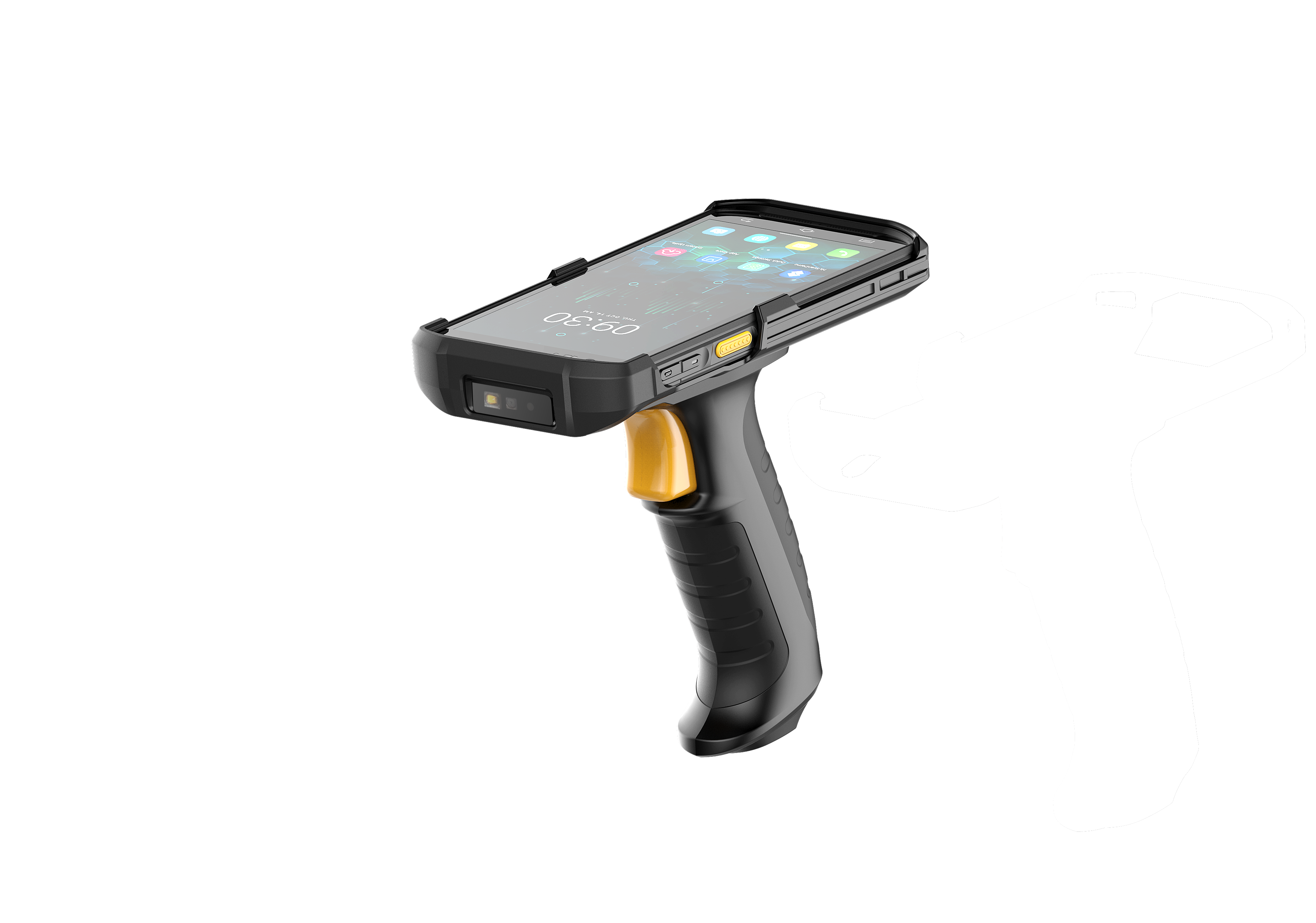 Perspective view NLS-MPG93-01 pistol grip with MT93 Megattera with Straight Shooter mobile computers